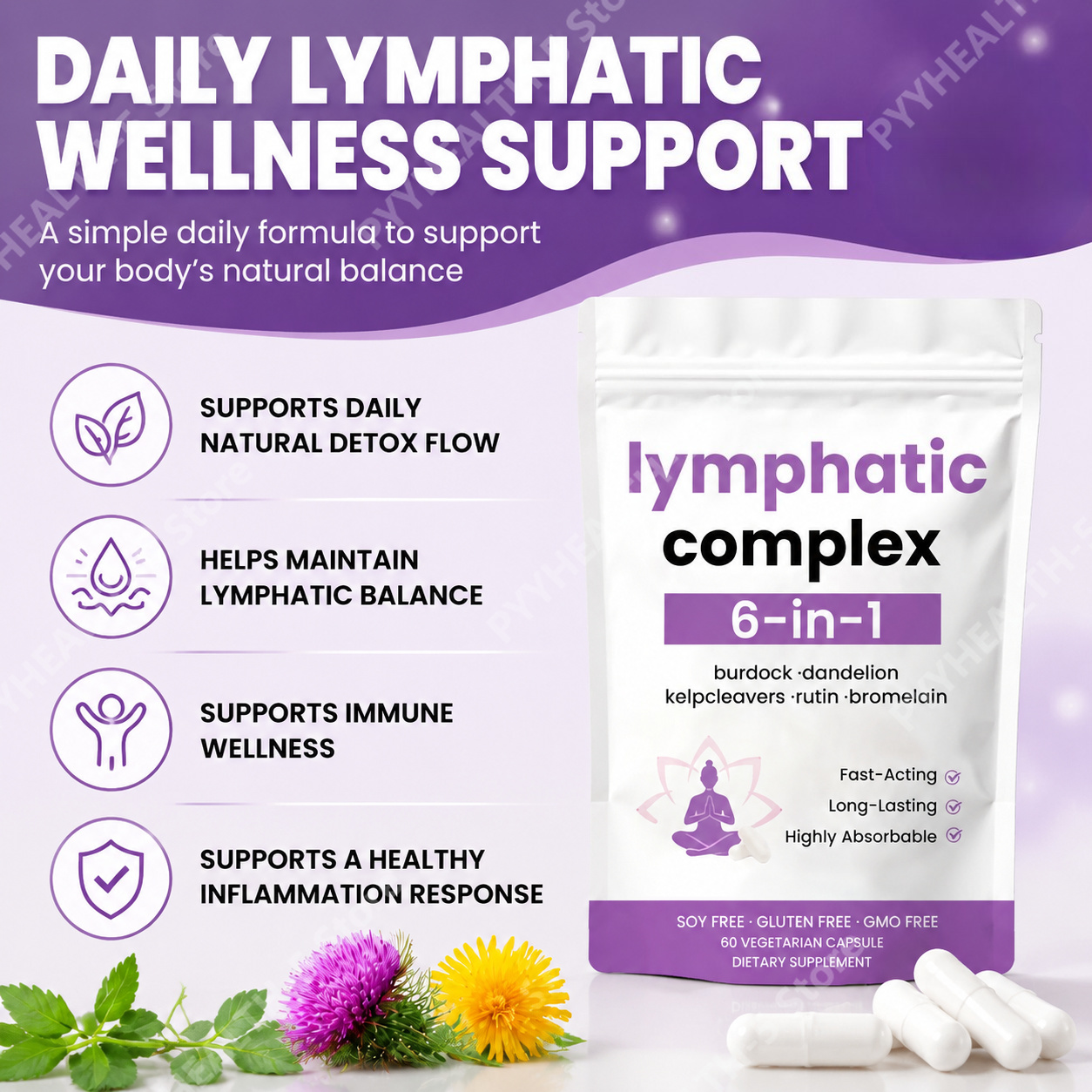 Herbal Supplement - 6‑in‑1 Lymphatic Complex Capsule Burdock Dandelion